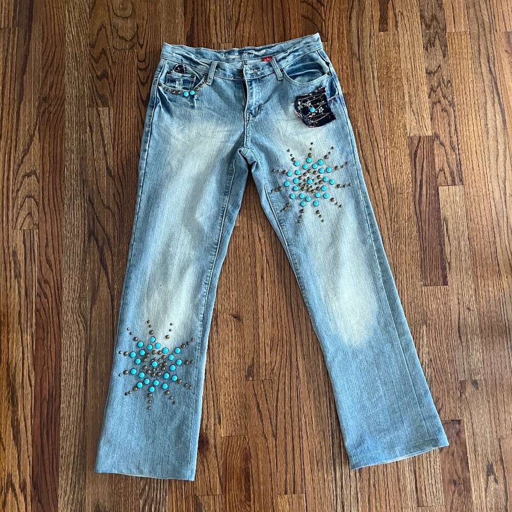 Vanilla Jeans Women’s Turquoise Stones Patches  Southwestern Boho Chic 9